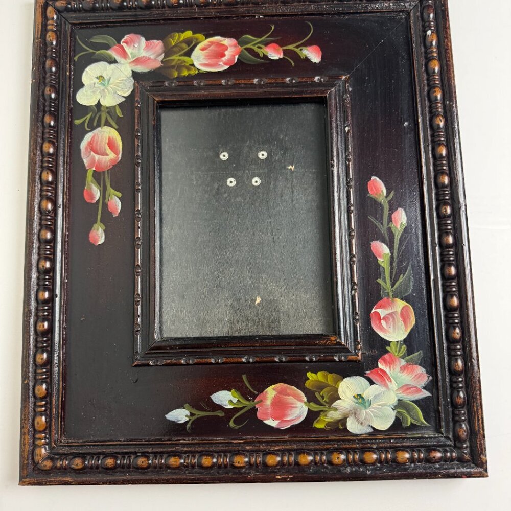Antique RARE Wooden Frame Flowers Hand Painted